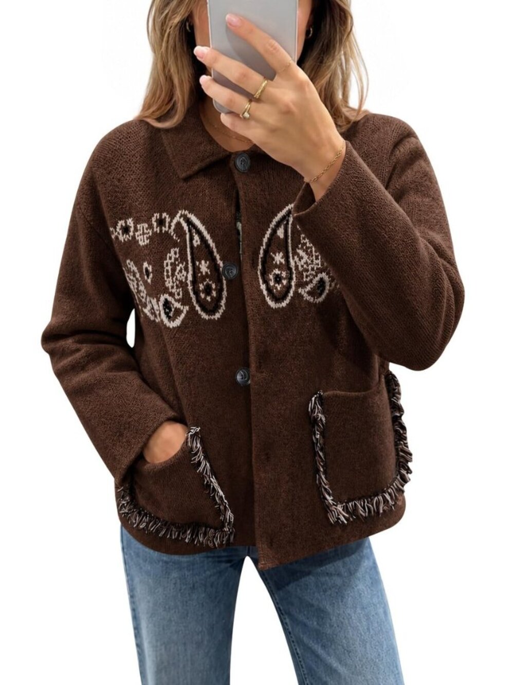 Womens Boho Cardigan Fringe Paisley Fall Sweater with Pockets
